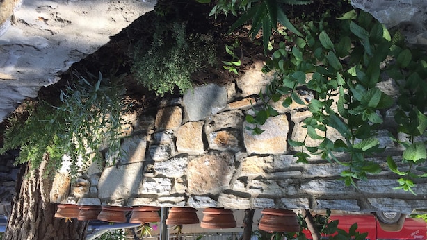 A stone wall with terracotta pots and green foliage. - Room-beautiful Bedroom for 4 People in L (Thasos)