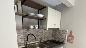 Cocina compacta con lavavajillas integrado, un lavamanos y una encimera con estantes superiores.
