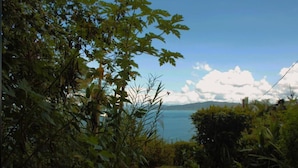 A natural landscape with a view of a body of water and mountains in the distance.