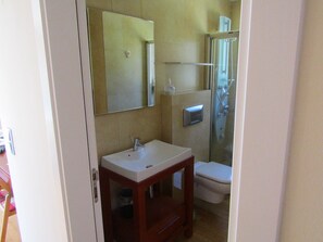 Une salle de bain équipée d’un lavabo, d’un miroir, de toilettes et d’une douche.