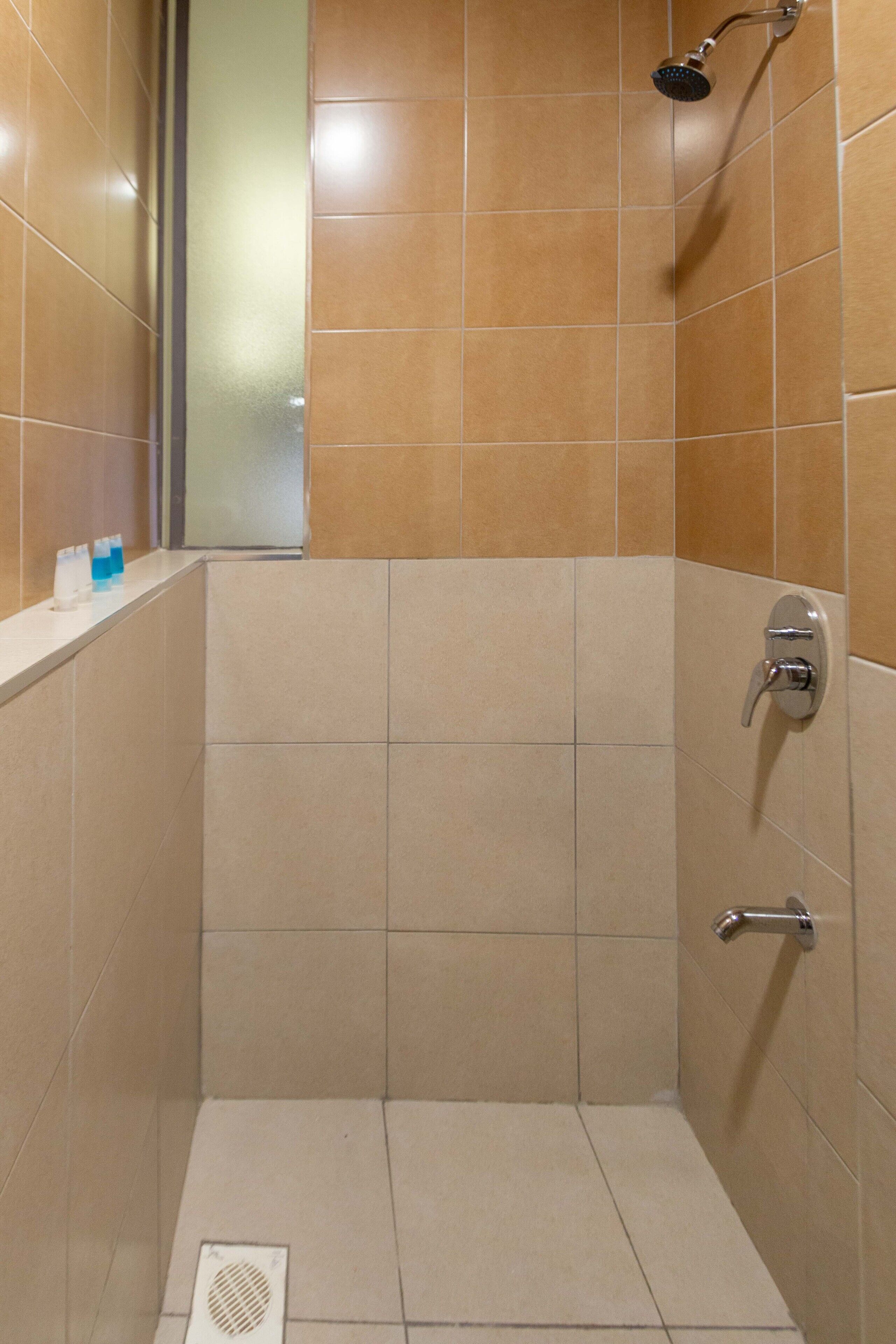 Um chuveiro pequeno com azulejos, um chuveiro manual e uma torneira fixada na parede.