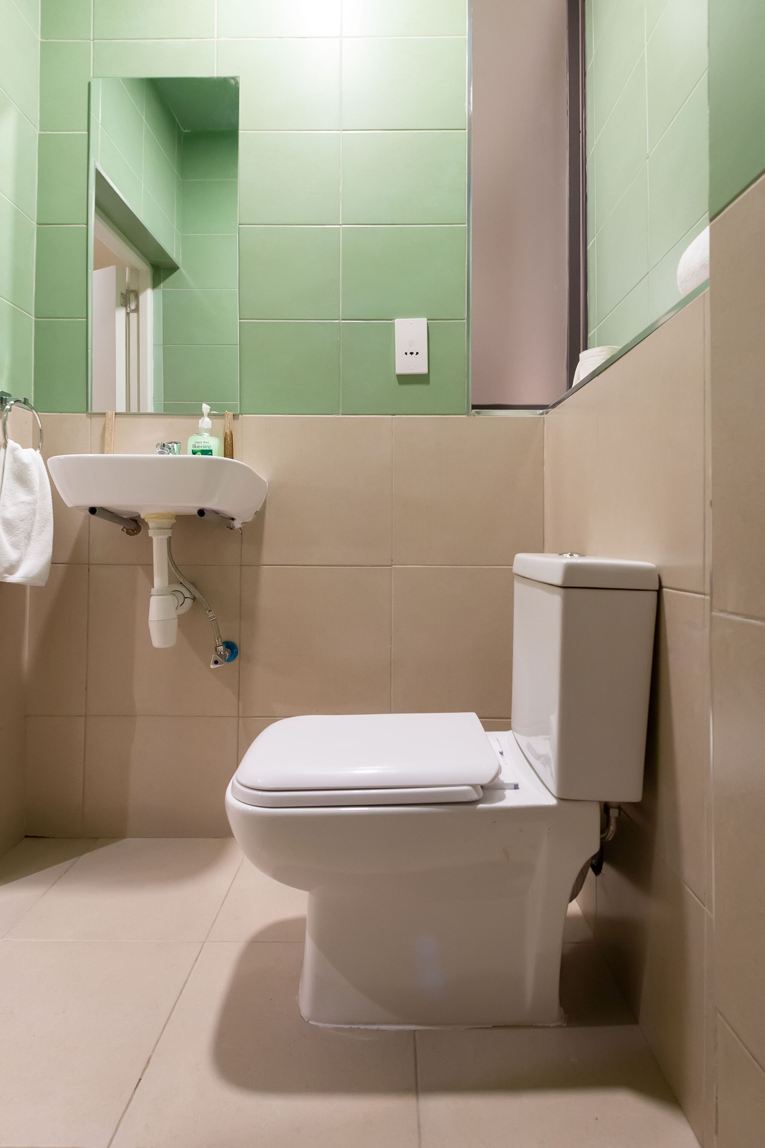 Un baño con inodoro, lavamanos y espejo.