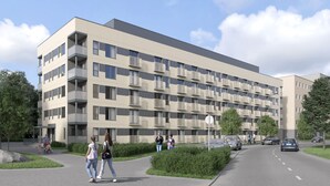 A modern multi-story building with balconies, a pedestrian pathway, and a road with cars. - Time Apartments Ylistönmäki (Jyväskylä)