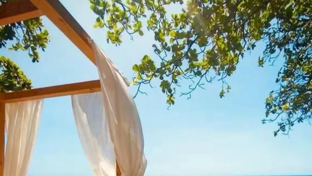 Una cama junto a la playa con dosel, una playa de arena y el océano al fondo.