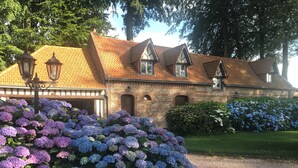 A brick building with a sloped roof and multiple windows, surrounded by lush greenery and hydrangea bushes.