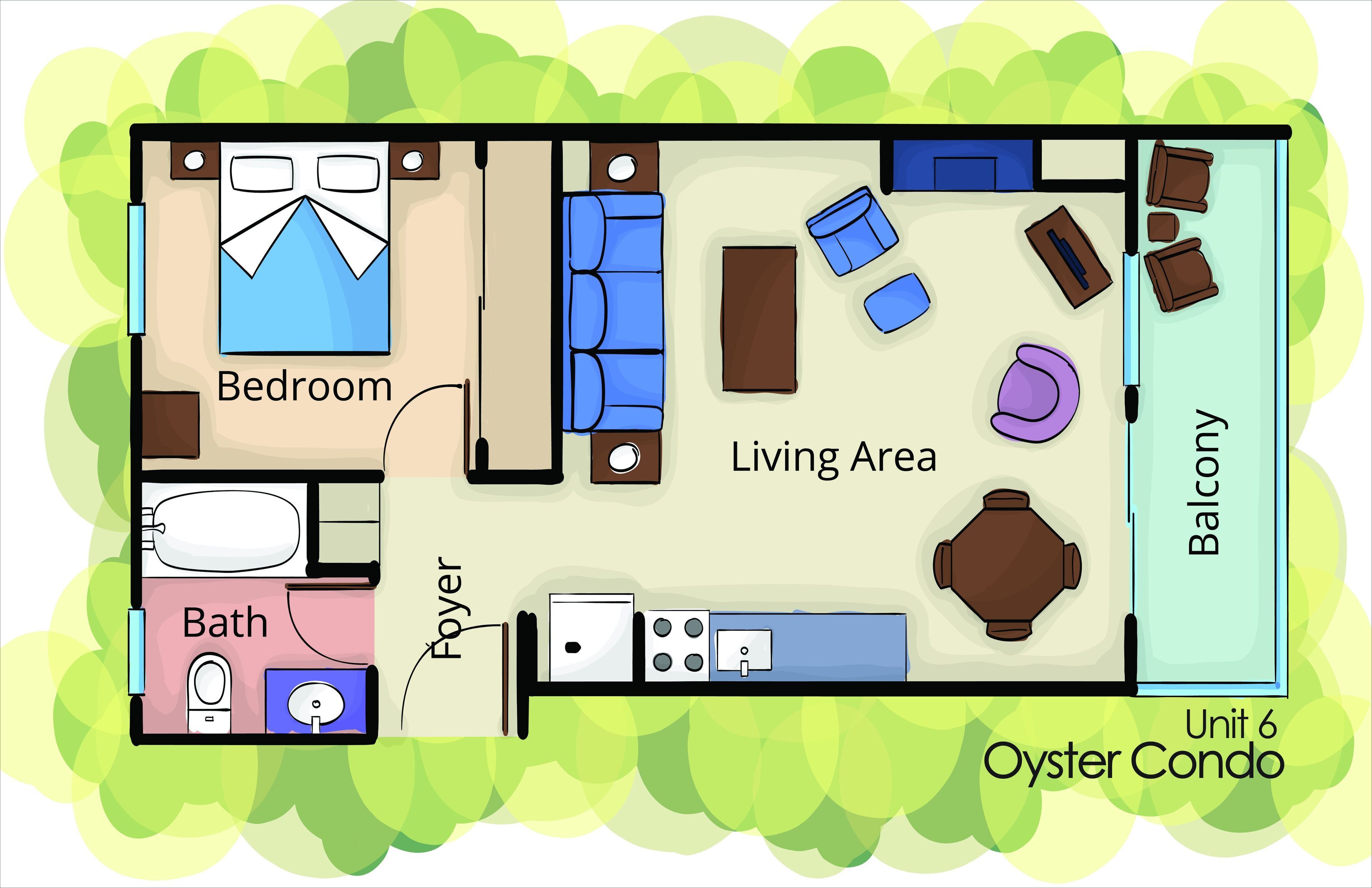 A floor plan of an Oyster Condo with a bedroom, living area, balcony, and bathroom.