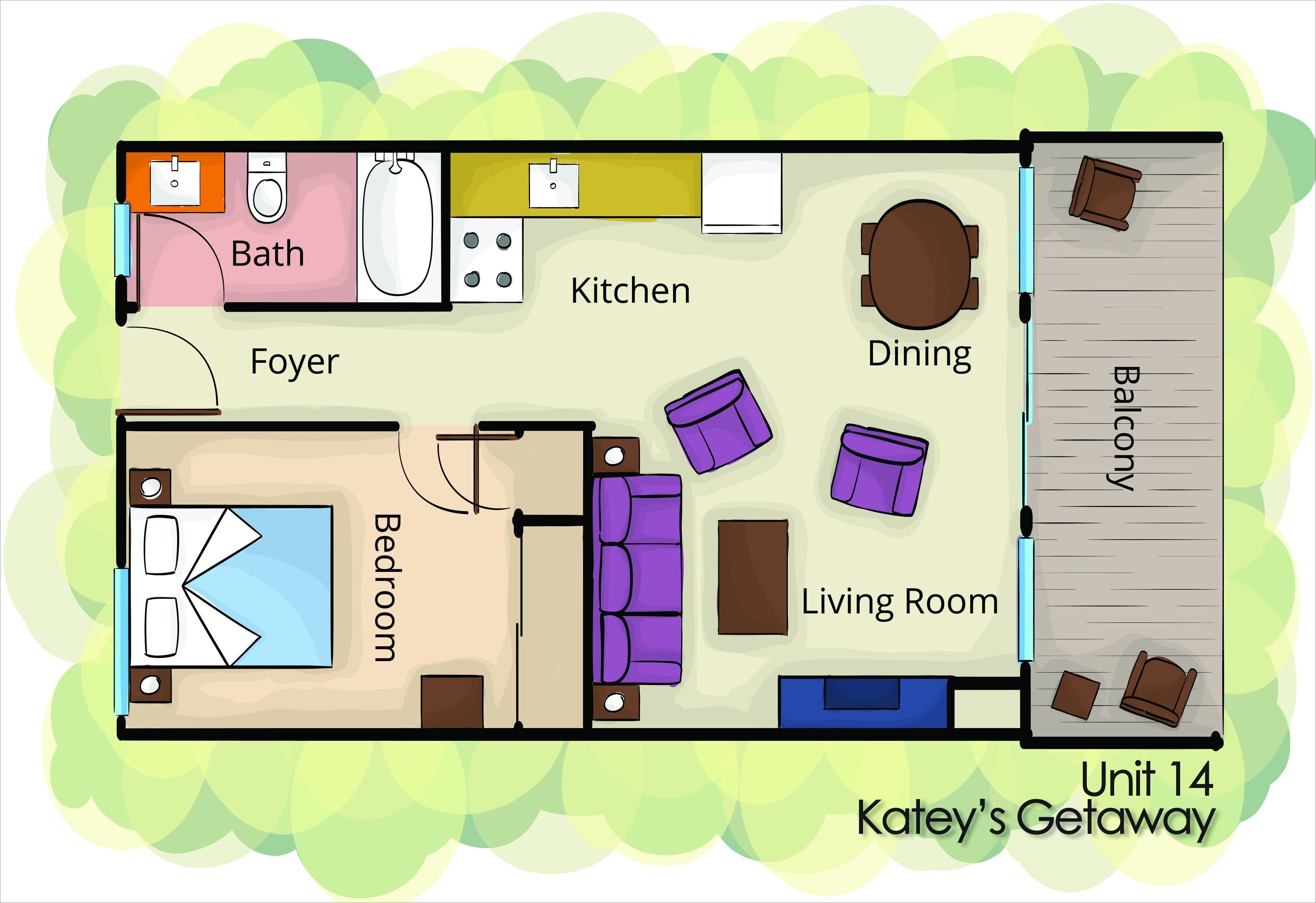 A floor plan of a hotel room with a bathroom, kitchen, dining area, balcony, bedroom, and living room.