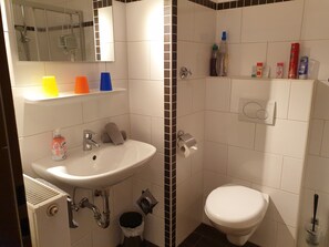 Kylpyhuoneessa on valkoinen pesuallas, wc ja suihkutila. Hyllyllä on hygieniatuotteita ja seinällä pyyheteline.