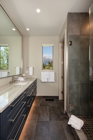 Shower, hair dryer, towels