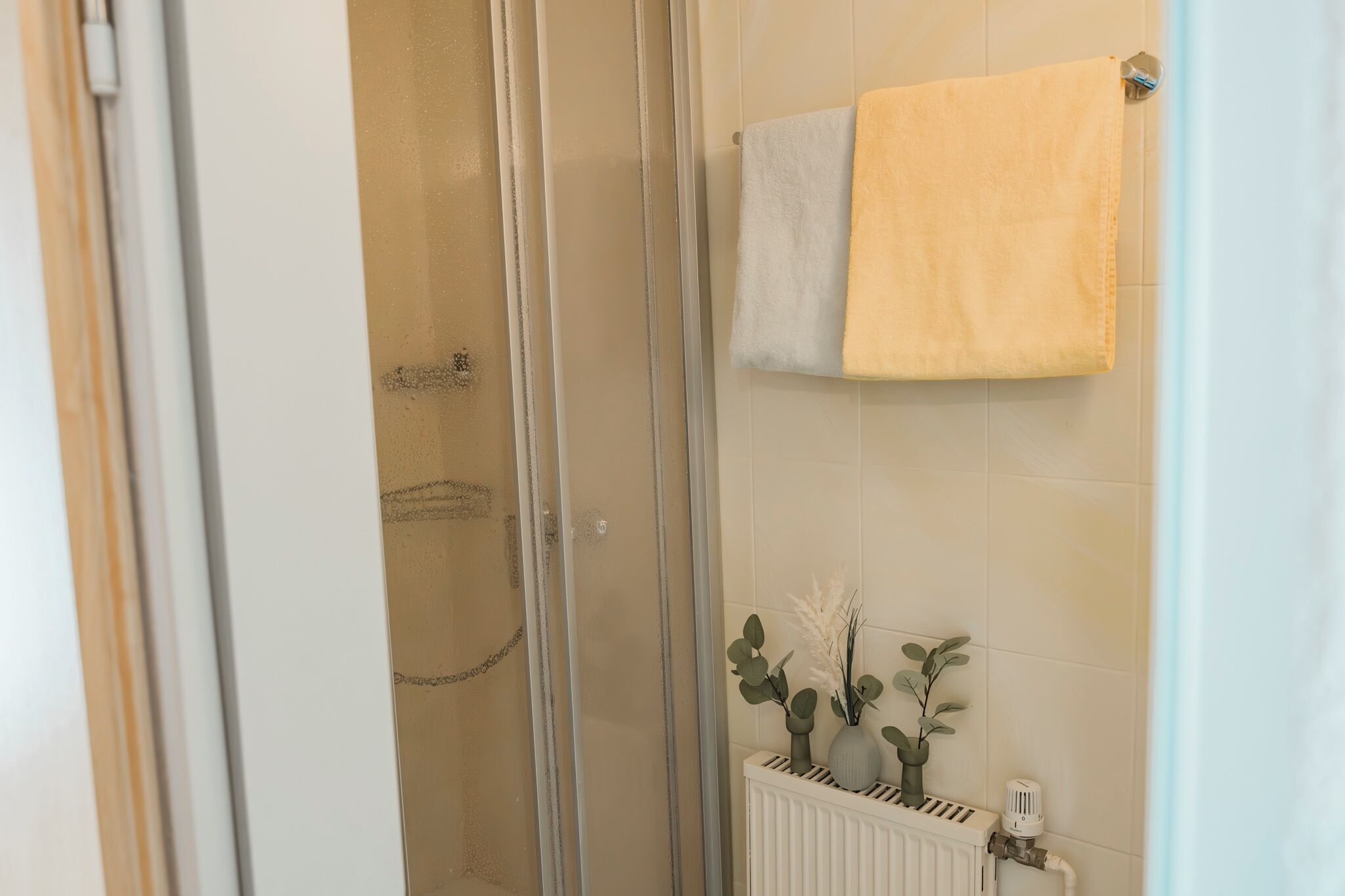 A bathroom with a glass shower door, a towel rack with two towels, and a radiator with decorative plants.