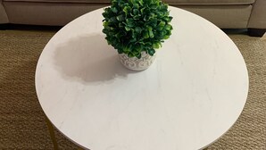 Un tavolo rotondo bianco con una pianta verde in vaso decorativo, posto di fronte a un divano color beige con cuscini a righe.