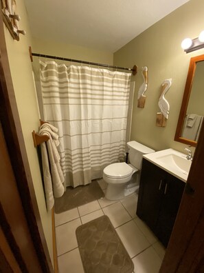 Combined shower/tub, towels, toilet paper