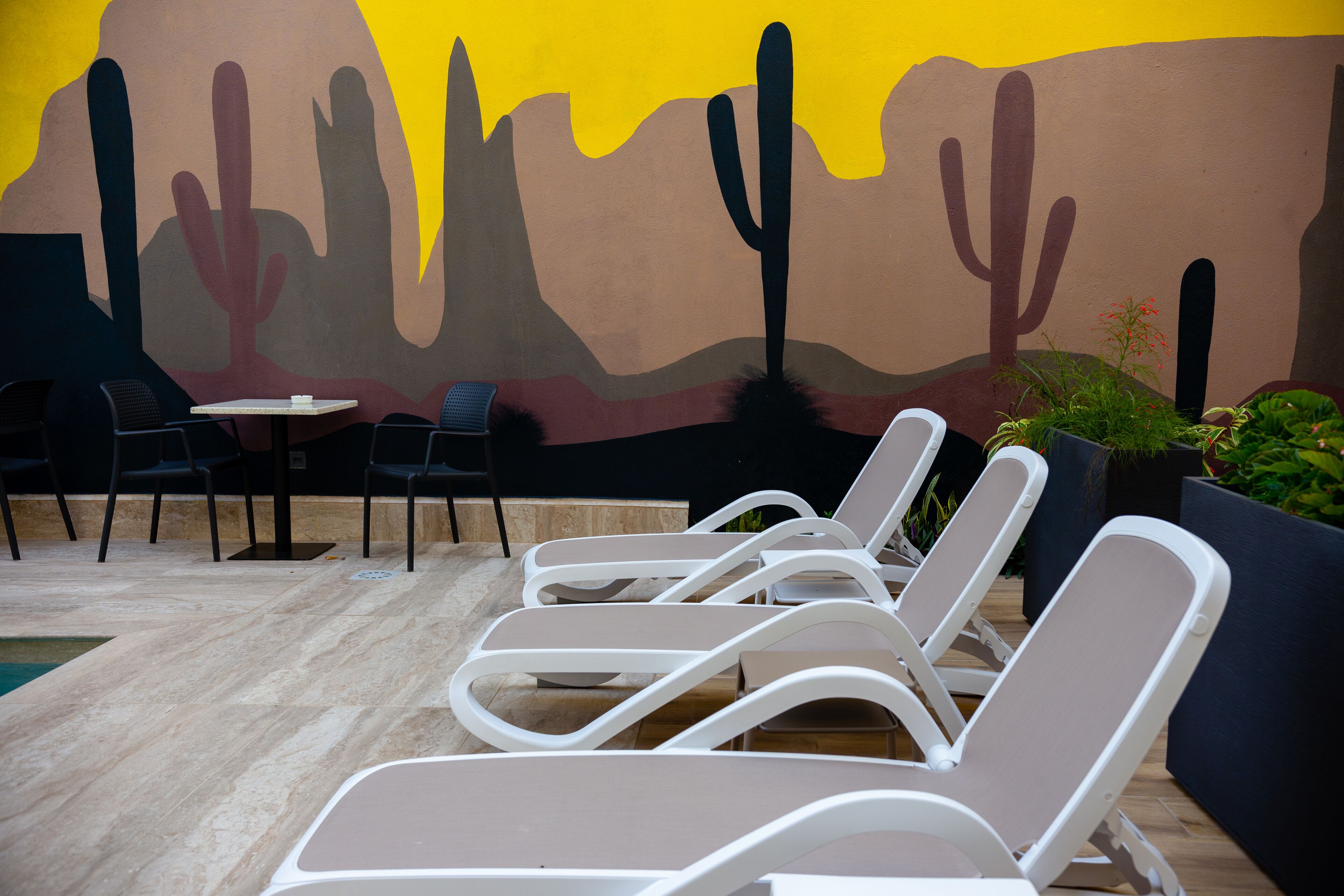 Un espace aménagé au bord de la piscine, avec des chaises longues et une table, une fresque représentant des cactus du désert et un jardinière avec des plantes.