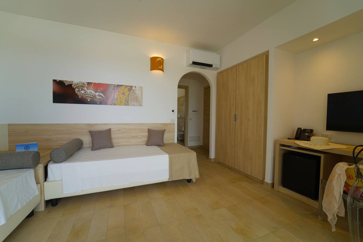 A hotel room with a bed, a desk, a TV, and an air conditioning unit.