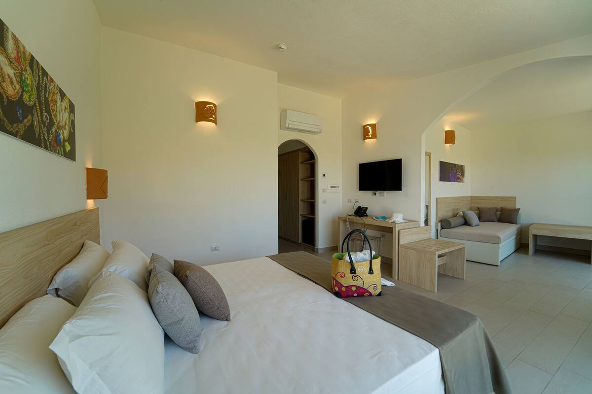 A hotel room with a bed, a desk, a sofa, and a TV.