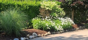 A landscaped garden with various plants and flowers, a stone border, and a paved path. - Lake Point Inn (Northport)