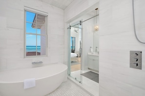 Shower, hair dryer, towels