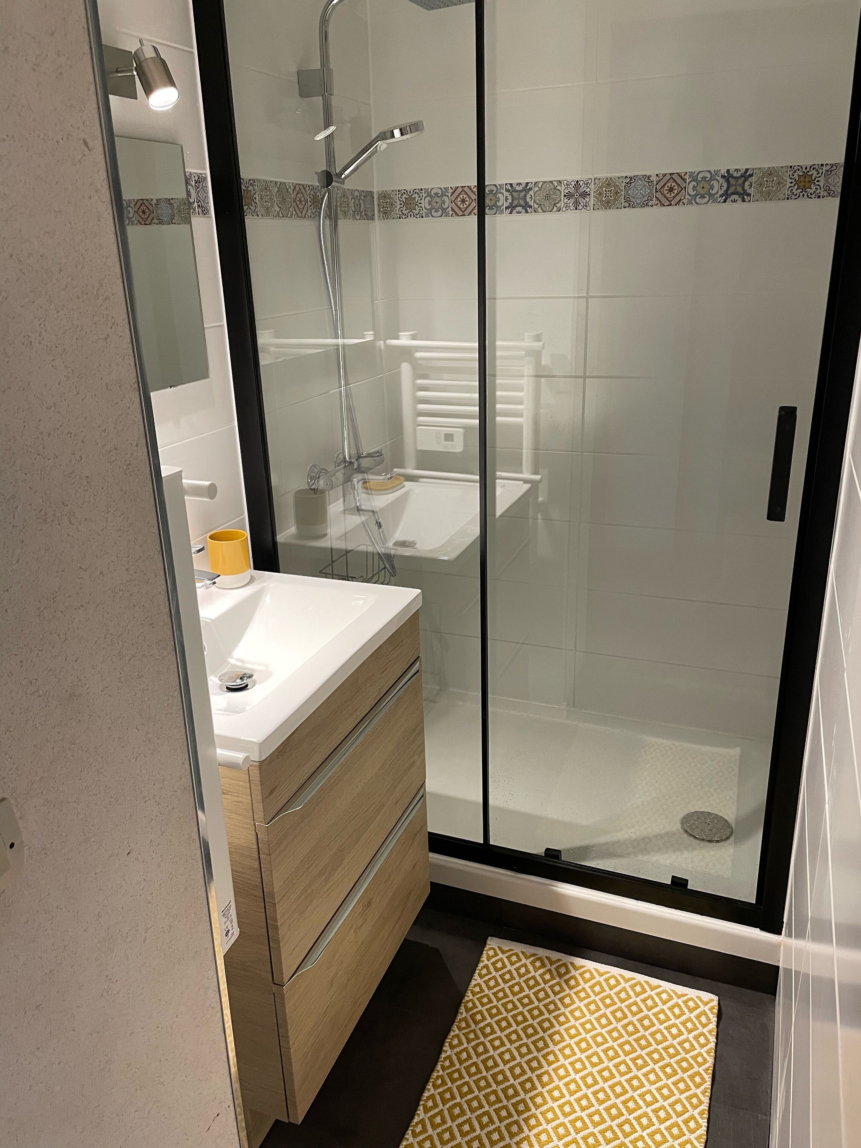 Ensemble douche/baignoire, sèche-cheveux, savon, papier toilette