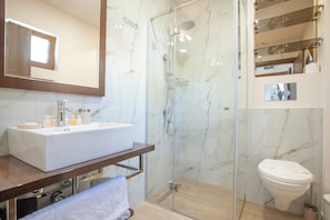 A modern bathroom with a large white sink, a glass-enclosed shower, and a toilet.