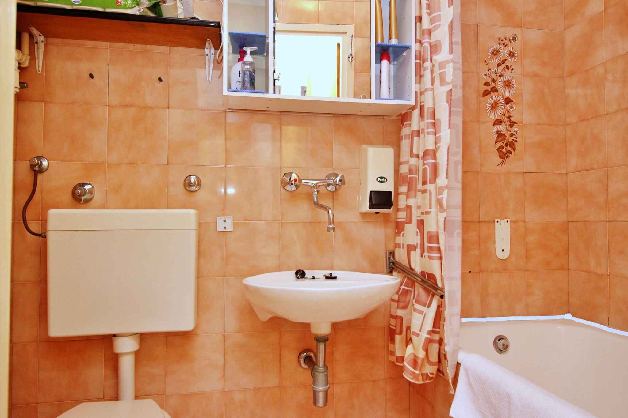 Ein Badezimmer mit Waschbecken, Toilette, Dusche und einem Spiegel über dem Waschbecken.