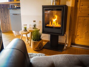 Una habitación acogedora con una estufa de leña, una pequeña mesa de madera con una planta y un sofá gris.