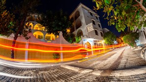A historic building with a sign reading "HOTEL DELFINI" at night, surrounded by trees and a cobblestone street. - Hotel Delfin (Barra de Navidad)
