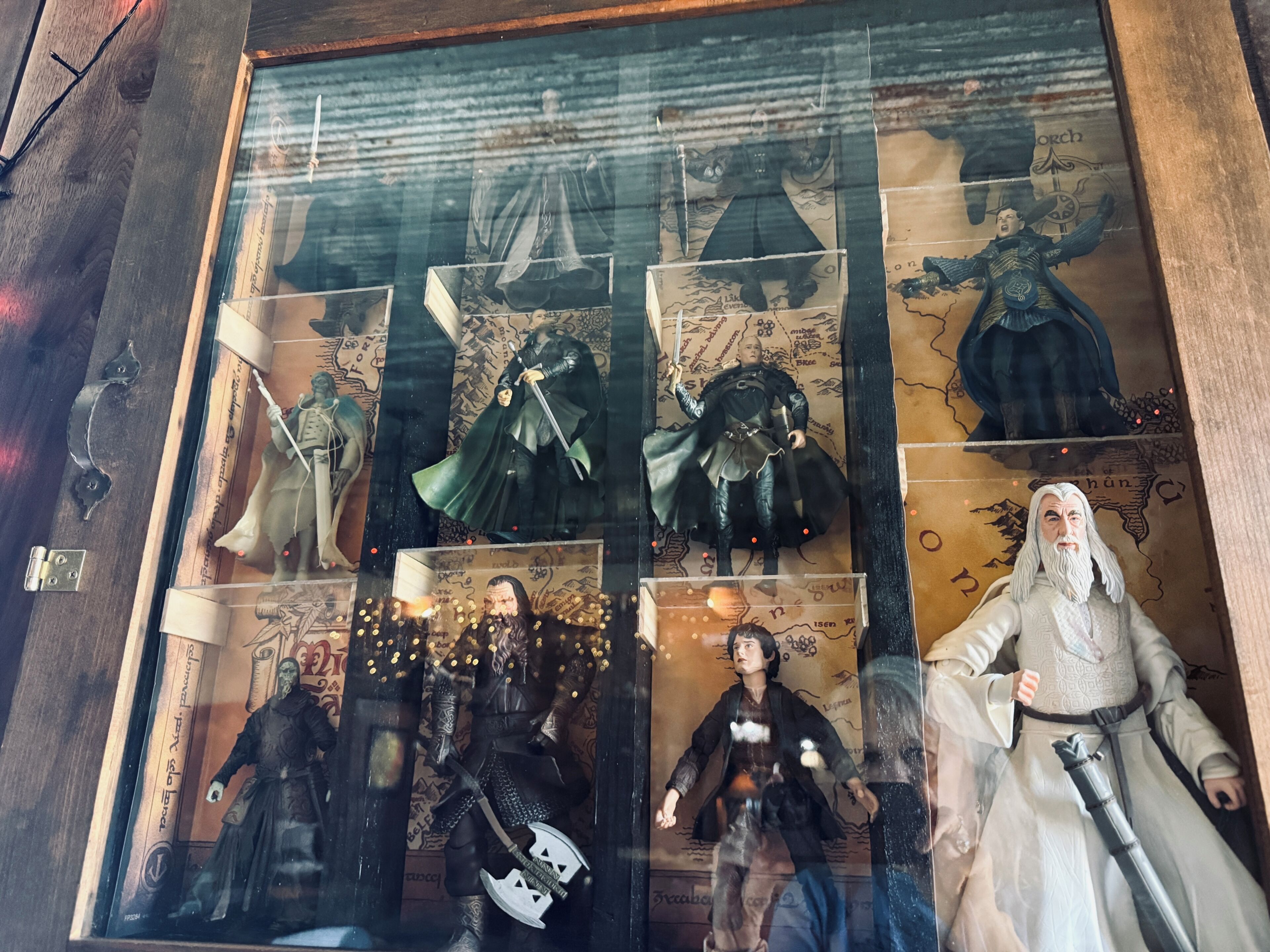 A display case with various figurines.