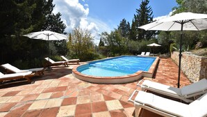 A swimming pool with lounge chairs and umbrellas, surrounded by trees and a stone wall. - Farmhouse, with large pvt pool in Provence (Draguignan)