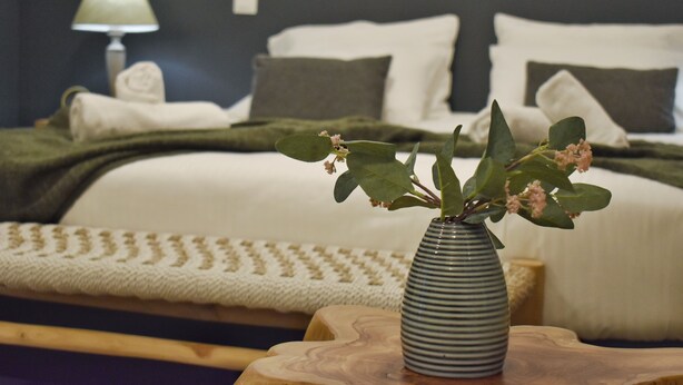 A neatly made bed with a green blanket, a bedside table with a vase of flowers, and a lamp in the background. - Window to Acropolis (Athens)