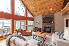 TV, fireplace, foosball, books