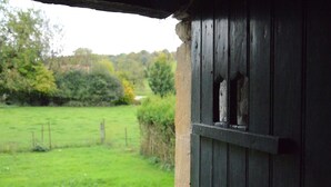 Un granero de madera rústico con una puerta entreabierta, que muestra un campo verde exuberante y una valla al fondo.