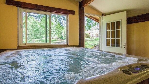 Un bain à remous avec vue sur un jardin et une porte donnant sur l’extérieur.