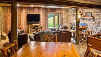 TV, fireplace, DVD player, table football