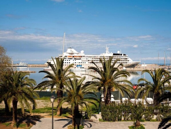 A large cruise ship docked at a port with palm trees in the foreground.