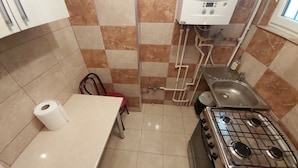 A small kitchen with a gas stove, a sink, and a toilet.