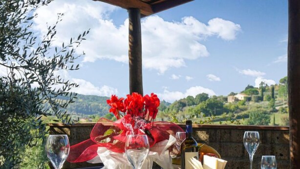 Tavolo apparecchiato all'aperto con vista su un paesaggio collinare, una bottiglia di vino e un bouquet di fiori rossi.