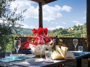 A table set outdoors with a view of a hilly landscape, a bottle of wine, and a bouquet of red flowers. - La Villetta by Interhome (Riparbella)