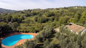 Una piscina circondata da ulivi e un paesaggio collinare.