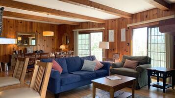 Smart TV, lareira, biblioteca musical, aparelho de som