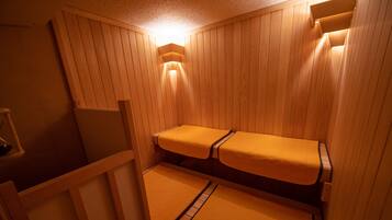 A sauna room with wooden walls and benches.