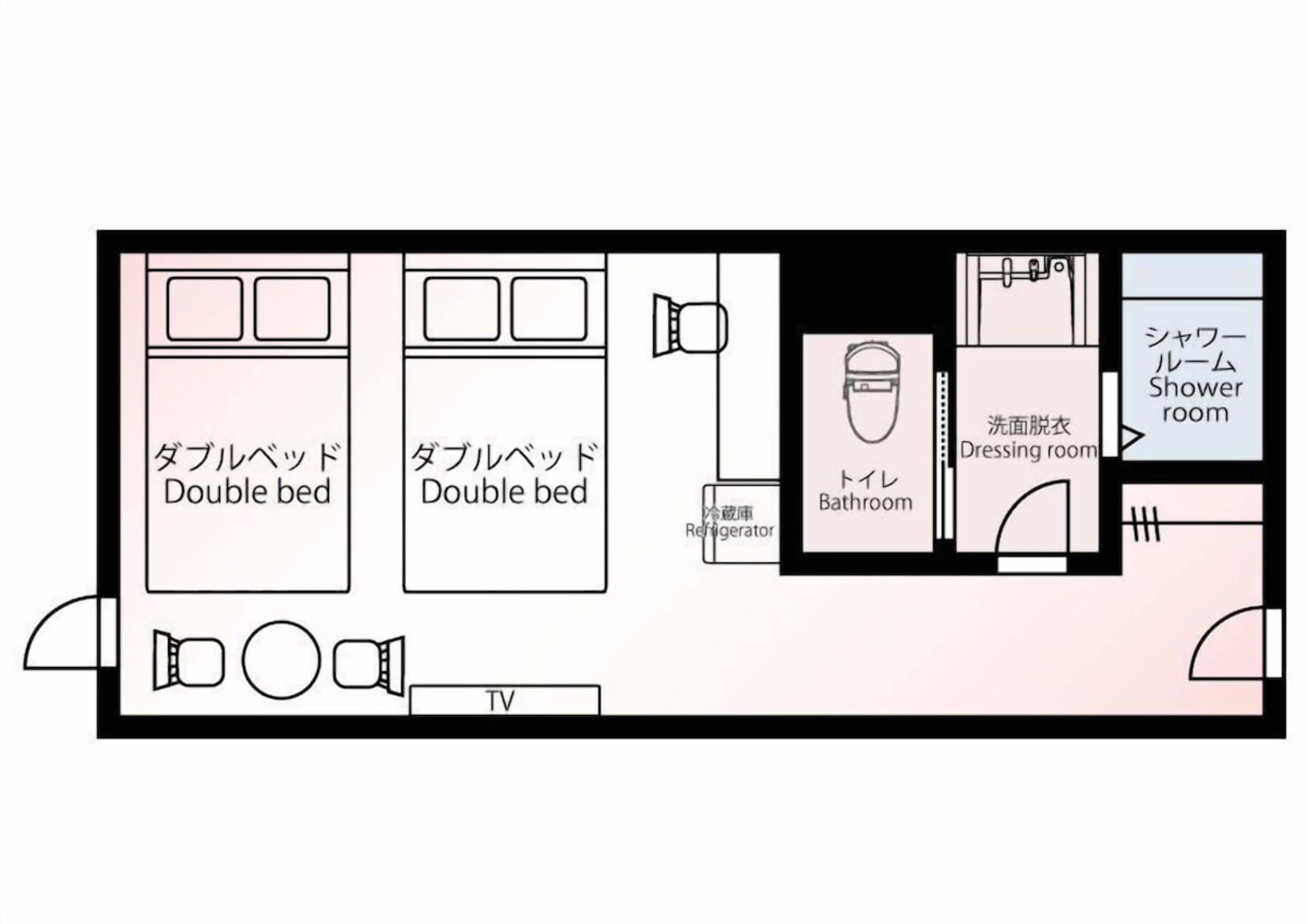 A floor plan with two double beds, a TV, a refrigerator, a bathroom, and a shower room.