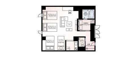 A hotel floor plan with multiple double beds, a sofa, a table, a shower room, a dressing room, a bathroom, and an entrance.