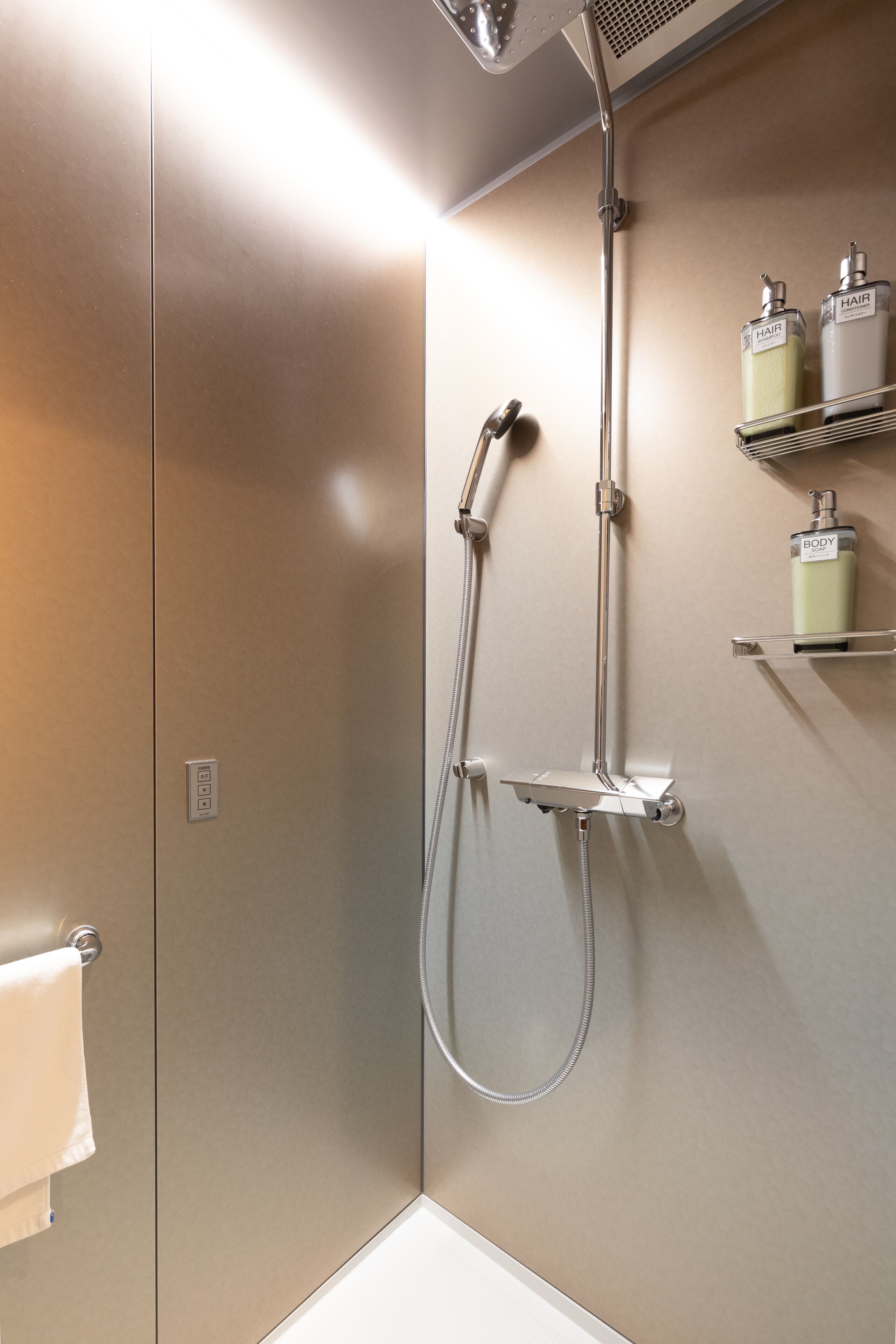 A modern bathroom with a shower, a towel rack, and two shelves with toiletries.