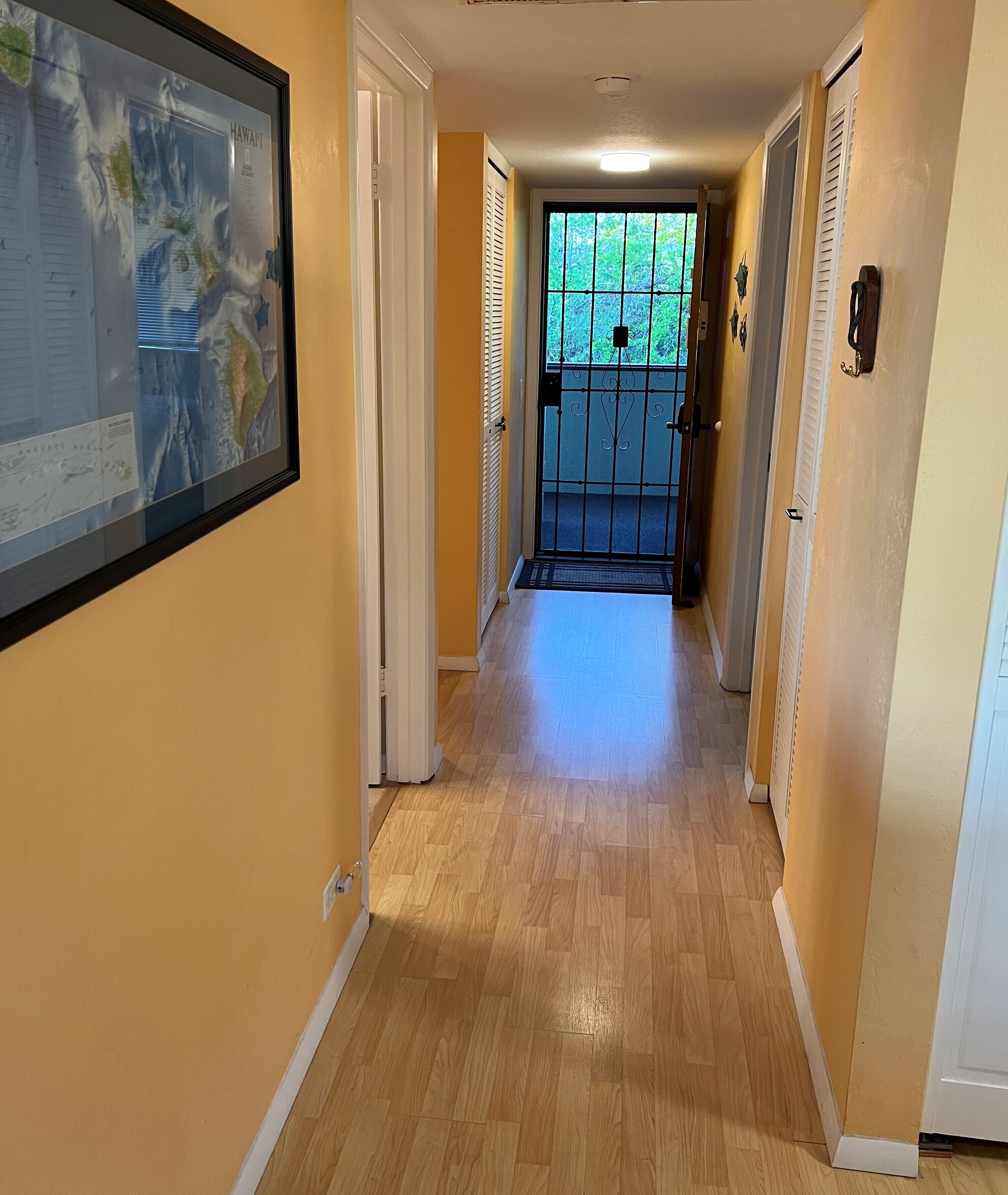 A hallway with wooden flooring, a framed map on the left wall, and a door with a metal gate at the end.