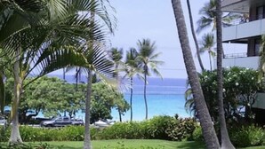 A beachfront property with palm trees, a well-maintained lawn, and a view of the ocean. - Peaceful Kona Retreat—Steps to Magic Sands Beach · Ocean View · King Beds · AC! (Kailua-Kona)