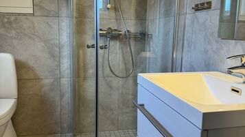 Ein modernes Badezimmer mit einer Glasdusche, einem weißen Waschbecken und einer Toilette.