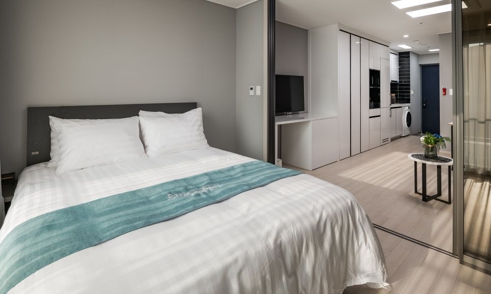 Habitación de hotel moderna con una cama grande, un televisor, una mesita con una planta y vistas al pasillo.
