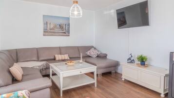 Fernseher, Kamin, Bücher, Stereoanlage