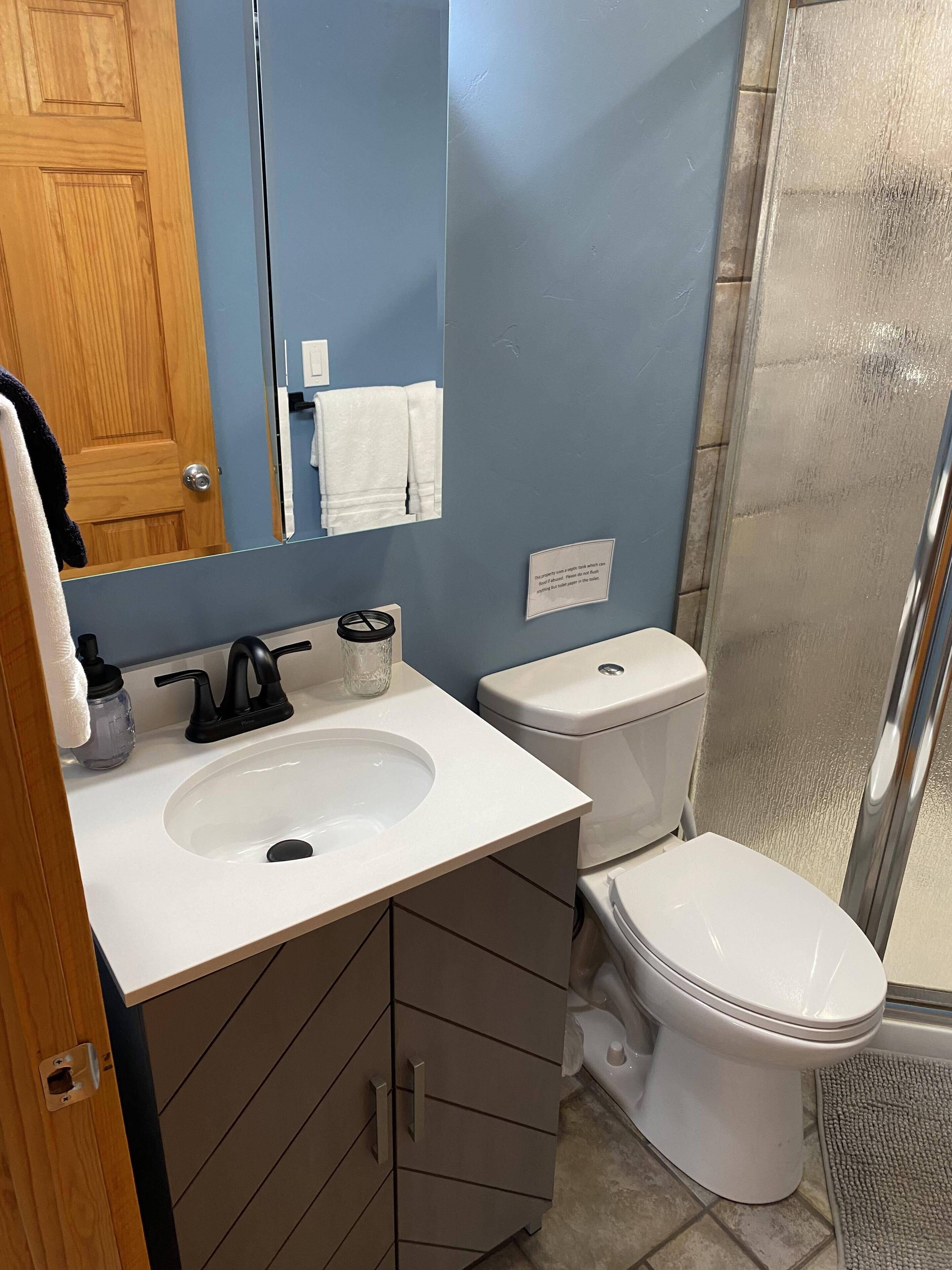 A bathroom with a white sink, a mirror, a toilet, and a shower area.