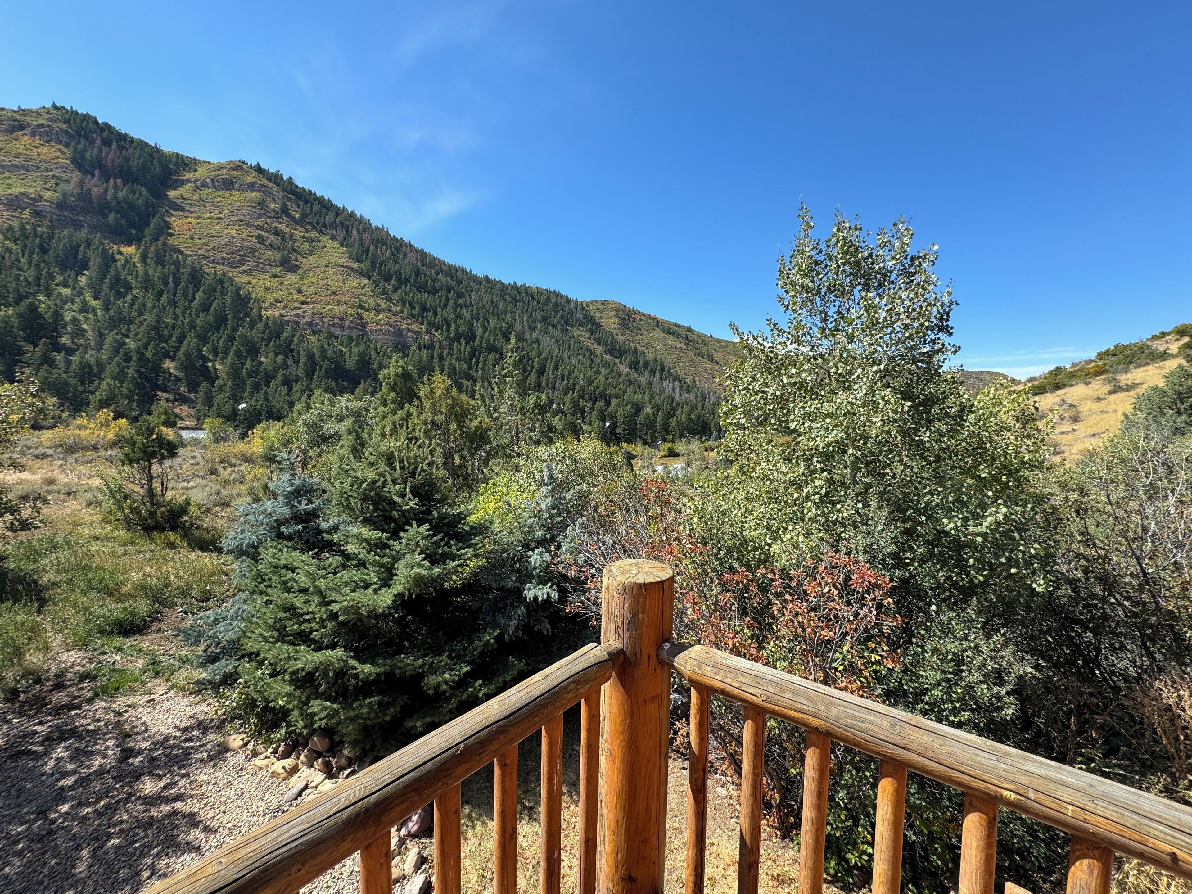 Un escalier en bois mène à un belvédère offrant une vue panoramique sur une vallée boisée et des montagnes.